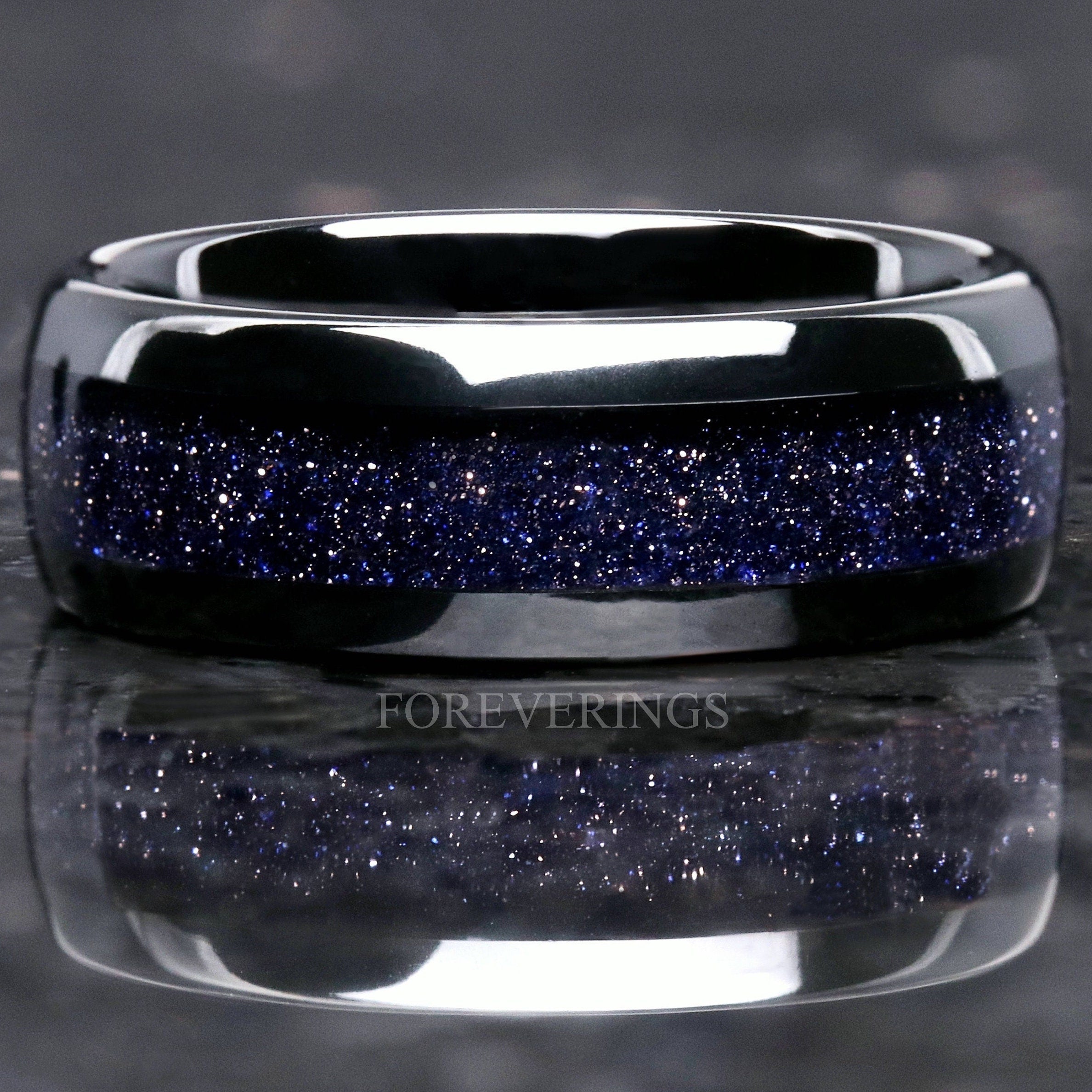 Great Rift Nebula Ring, Starry Night, Black Tungsten Wedding Band, 8mm-6mm-4mm, Dome, Polish, Space Ring, Blue Sandstone Band, Ring Engrave