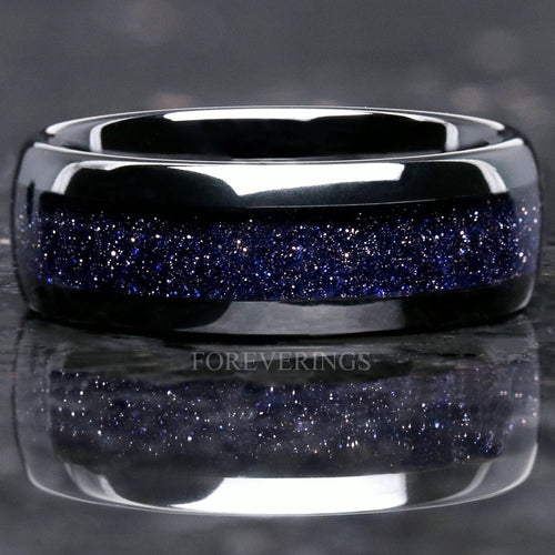Great Rift Nebula Ring, Starry Night, Black Tungsten Wedding Band, 8mm-6mm-4mm, Dome, Polish, Space Ring, Blue Sandstone Band, Ring Engrave