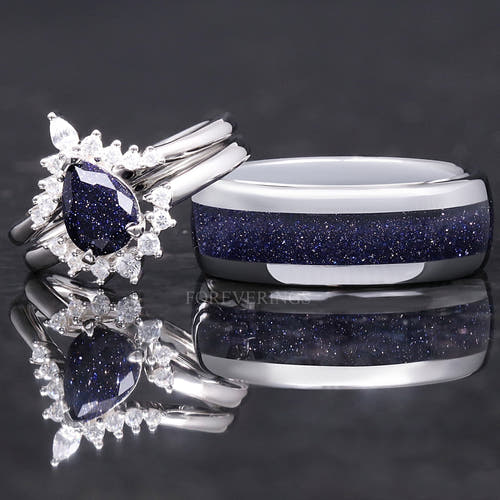 Matching silver couples ring set with Great Rift blue sandstone, pear engagement ring and 8mm tungsten band