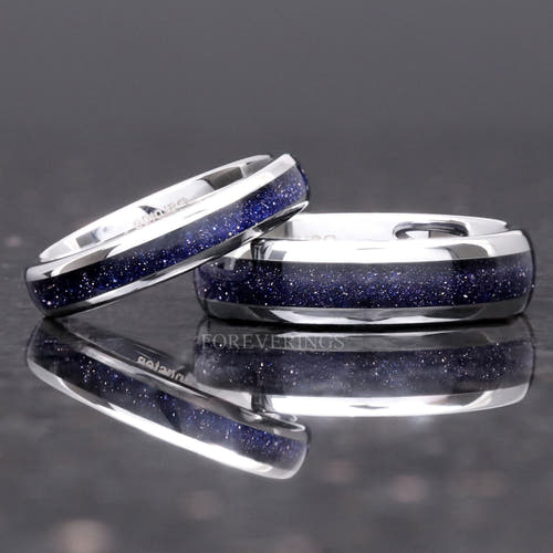 Matching silver tungsten couples ring set with Great Rift blue sandstone inlay, 6mm and 4mm