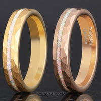 White Fire Opal | Hammered Tungsten Band in Rose or Yellow Gold