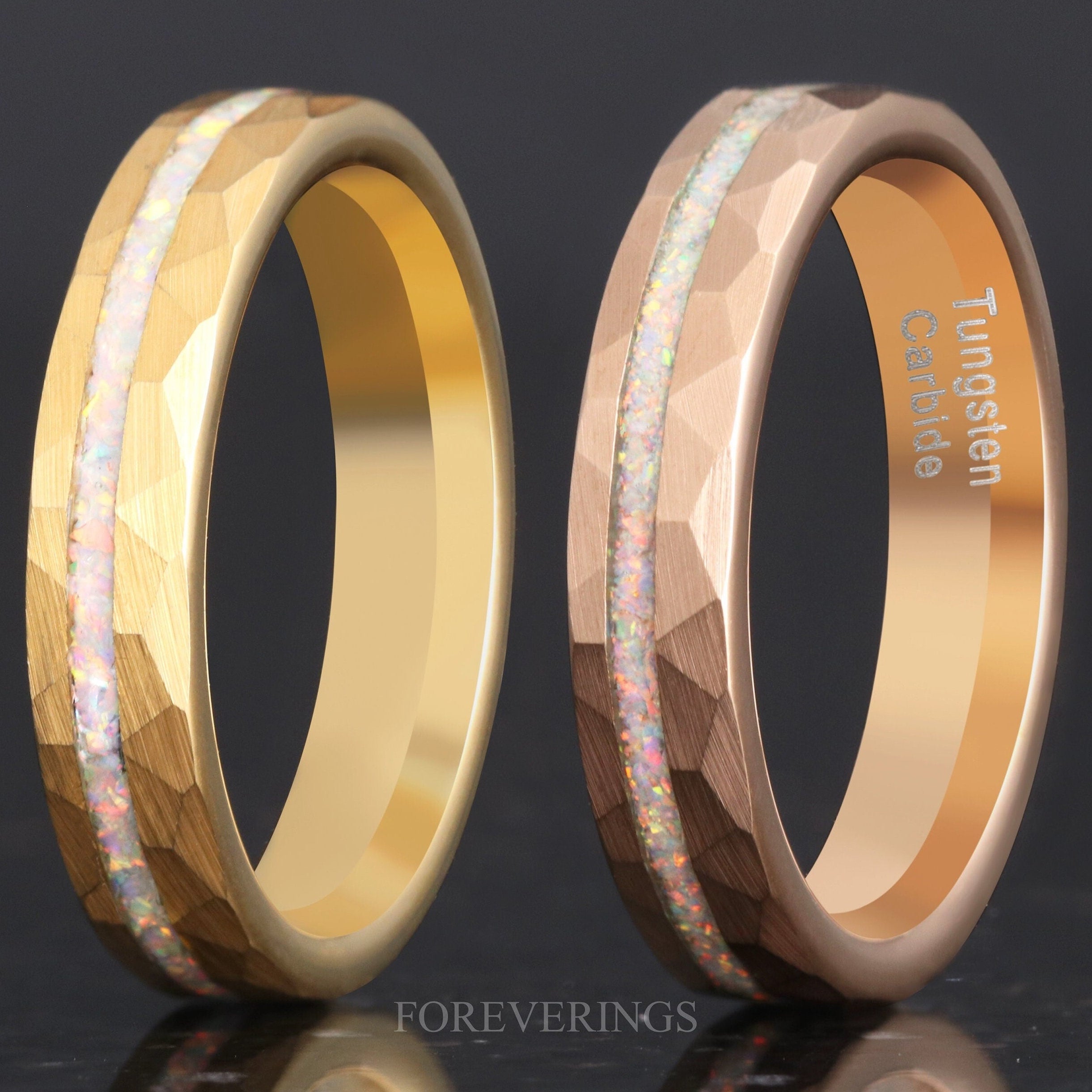 Crushed White Fire Opal Ring, 4mm Tungsten Wedding Band, Rose Gold or Yellow Gold Plated, Brushed Matte, Hammered, Comfort Fit, Unique Ring