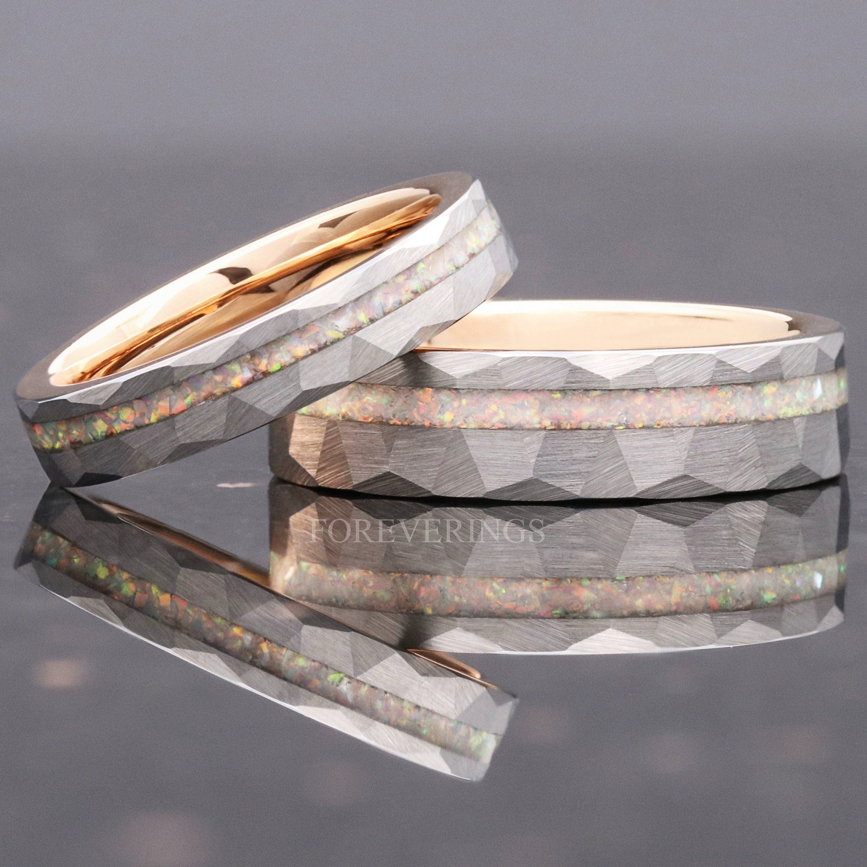 His and Hers Tungsten Wedding Band, Crushed White Fire Opal, 6mm & 4mm Rings, Two-Tone Silver-Rose Gold, Hammer, Flat, Brushed, Comfort Fit