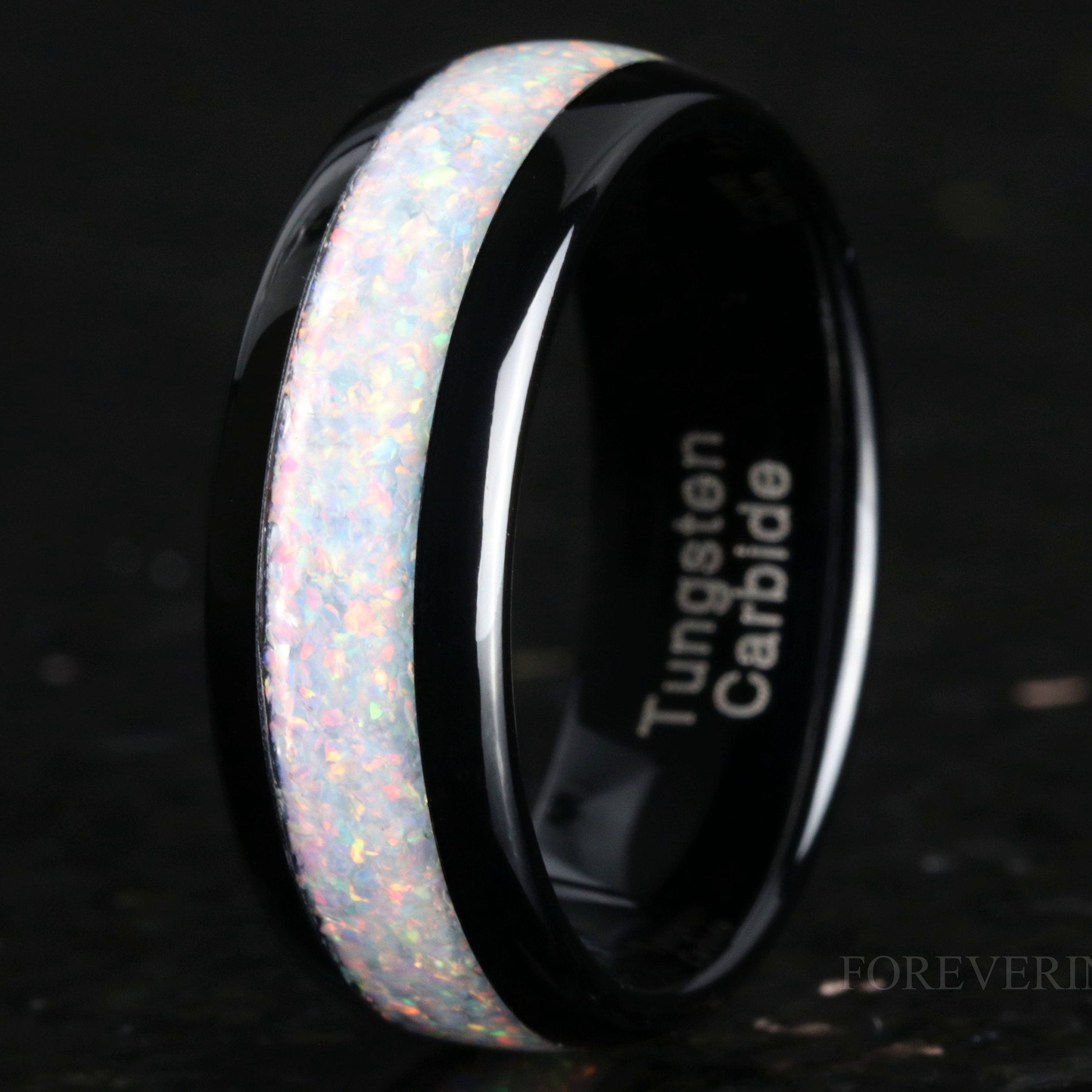 8mm White Fire Opal Ring, Black Tungsten Ring, Men Wedding Band, Crushed White Opal, Polished, Dome, Comfort Fit, Unique Ring, Gift for Him