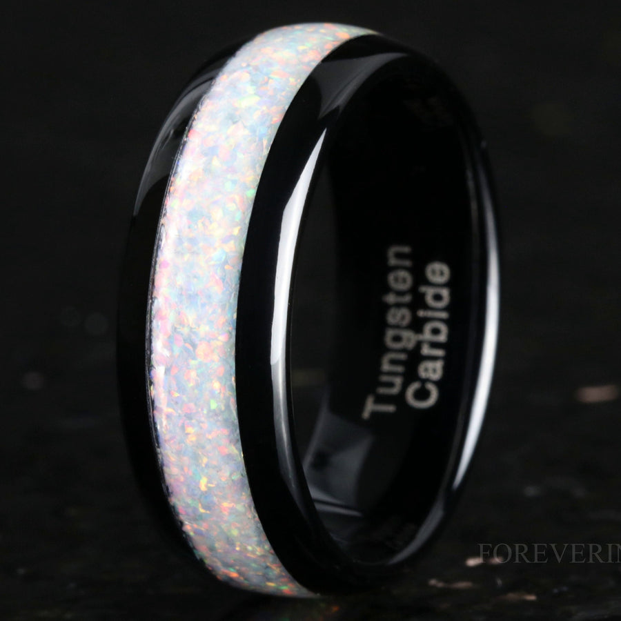 White Fire Opal Mens Wedding Band | 8mm Domed Black Tungsten