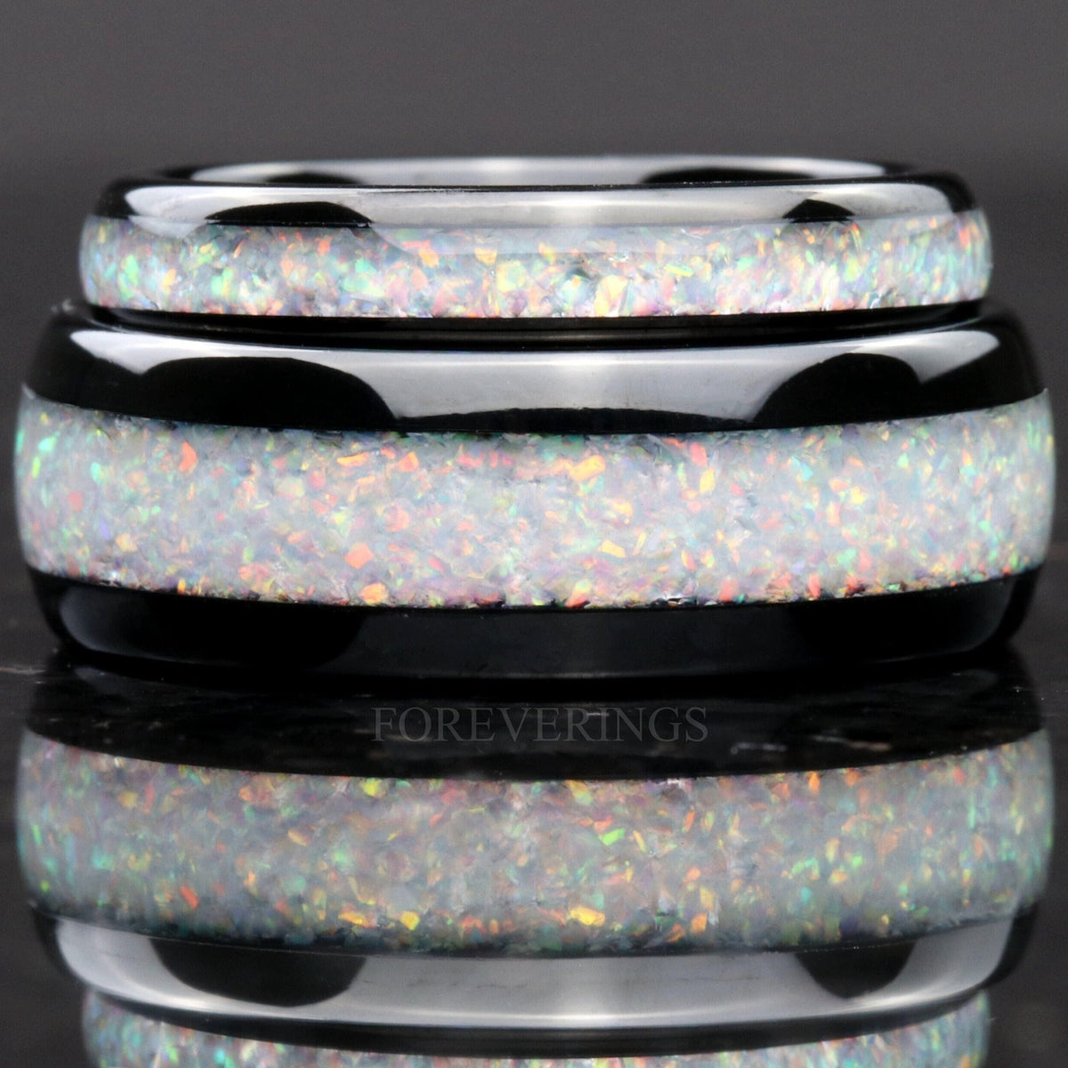 His and Hers Tungsten Wedding Band, Crushed White Fire Opal Ring, 8mm & 4mm Black Tungsten Ring Set, Couples Ring, Polish, Dome, Comfort Fit