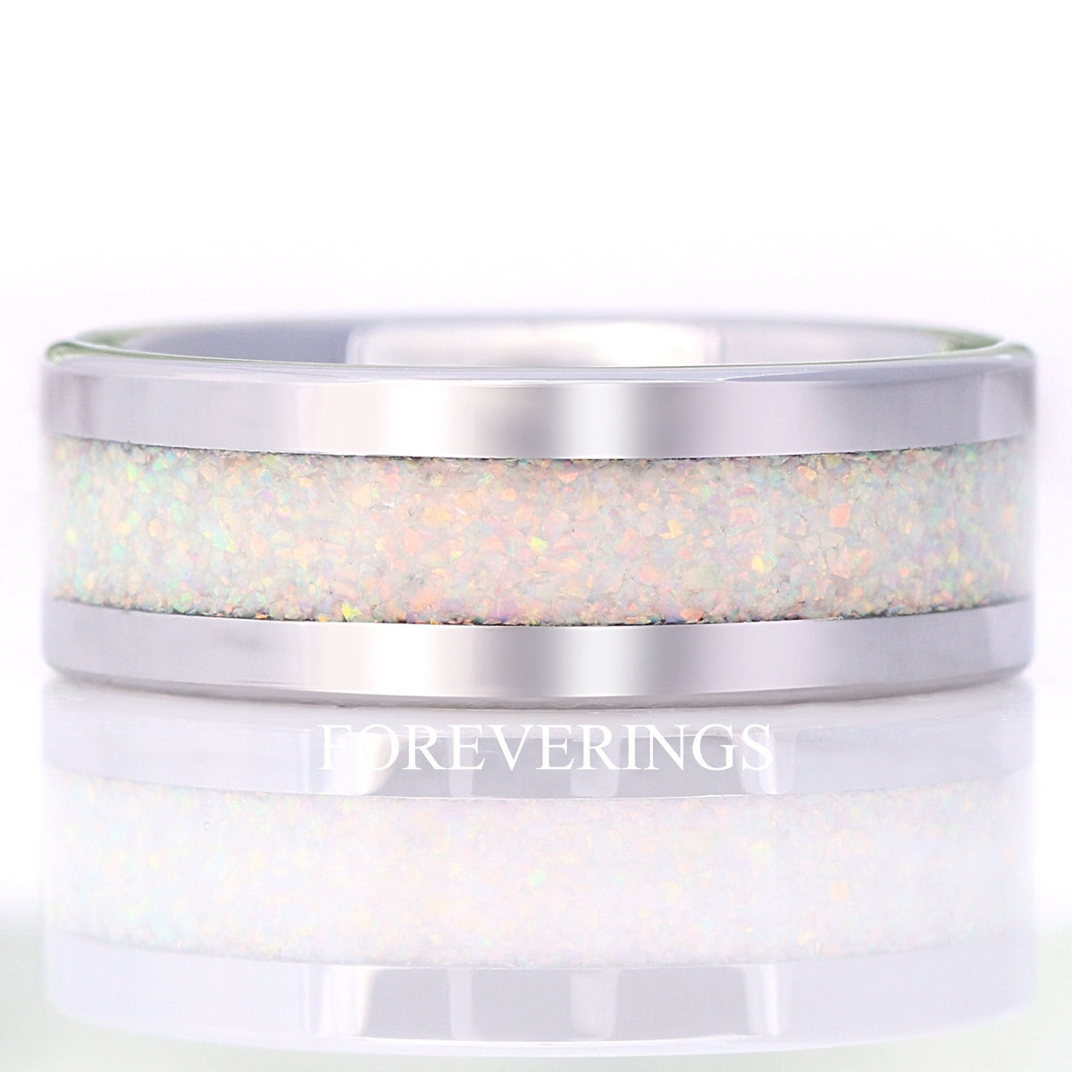 Mens White Opal Wedding Band | 8mm Silver Tungsten Comfort Fit