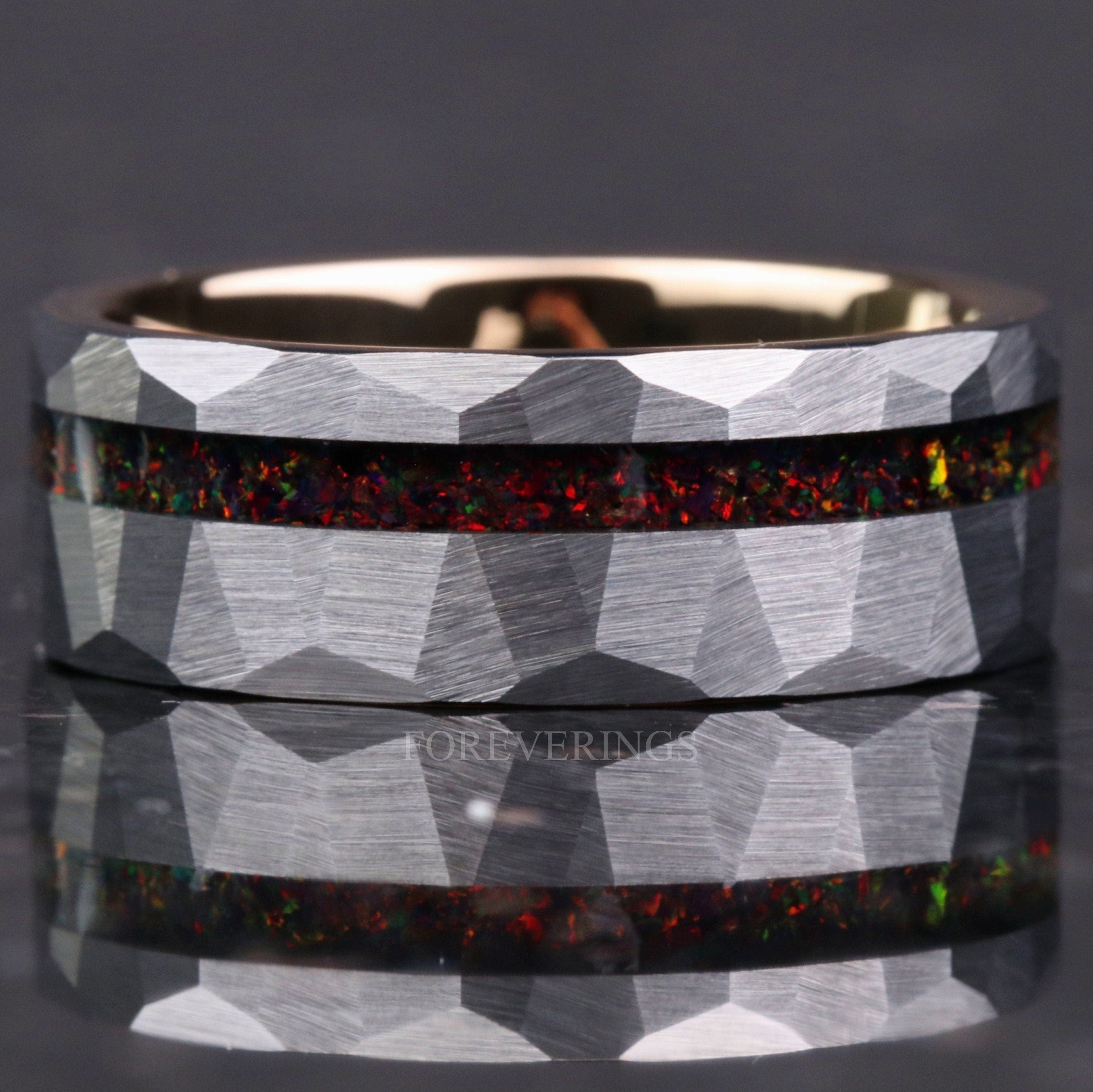 8mm Black Fire Opal Ring, Rose Gold Tungsten Ring, Men Wedding Band, Crushed Black Opal, Brush, Flat, Hammer, Comfort Fit, Unique Ring