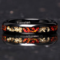Red Fire Opal and Gold Leaf Tungsten Wedding Band | 4mm Black Ring