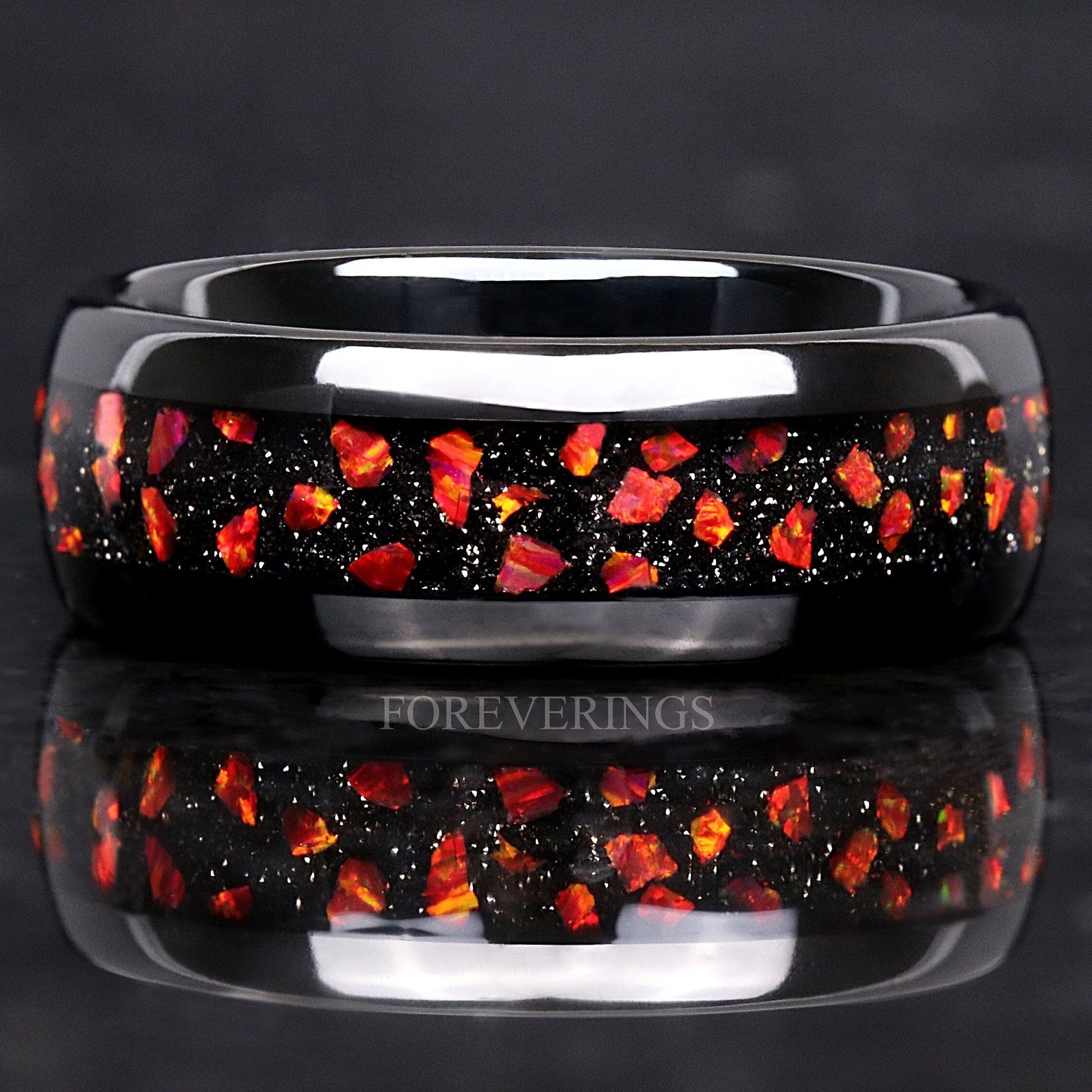 Red Nebula Ring, 8mm Black Tungsten Ring, Red Fire Opal, Men Wedding Band, Crushed Red Opal, Polished, Dome, Comfort Fit, Unique Ring