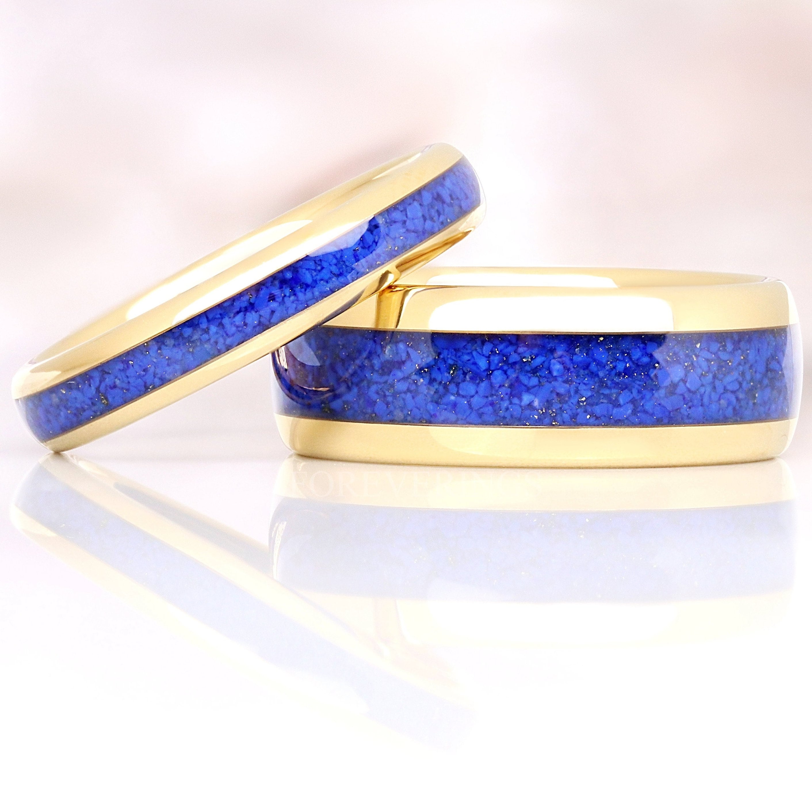 Gold Lapis Lazuli Ring Set, His and Hers Wedding Band, 8mm & 4mm Gold Tungsten Ring Set, Matching Couples Ring, Gold and Blue Lapis Ring