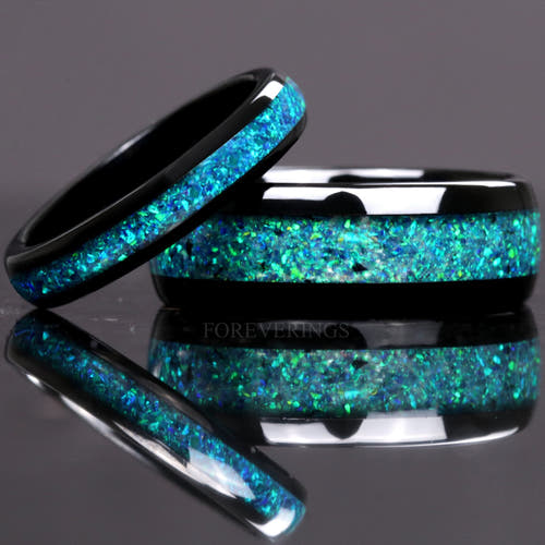 Matching black tungsten couples ring set with emerald opal inlay, 8mm and 4mm