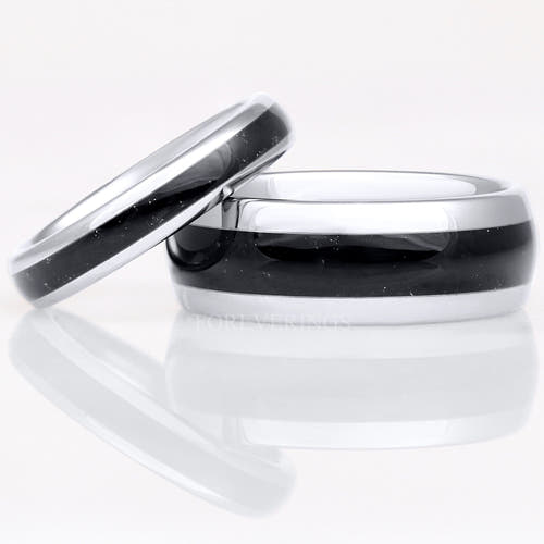 Matching silver tungsten couples ring set with black onyx inlay, 8mm and 4mm