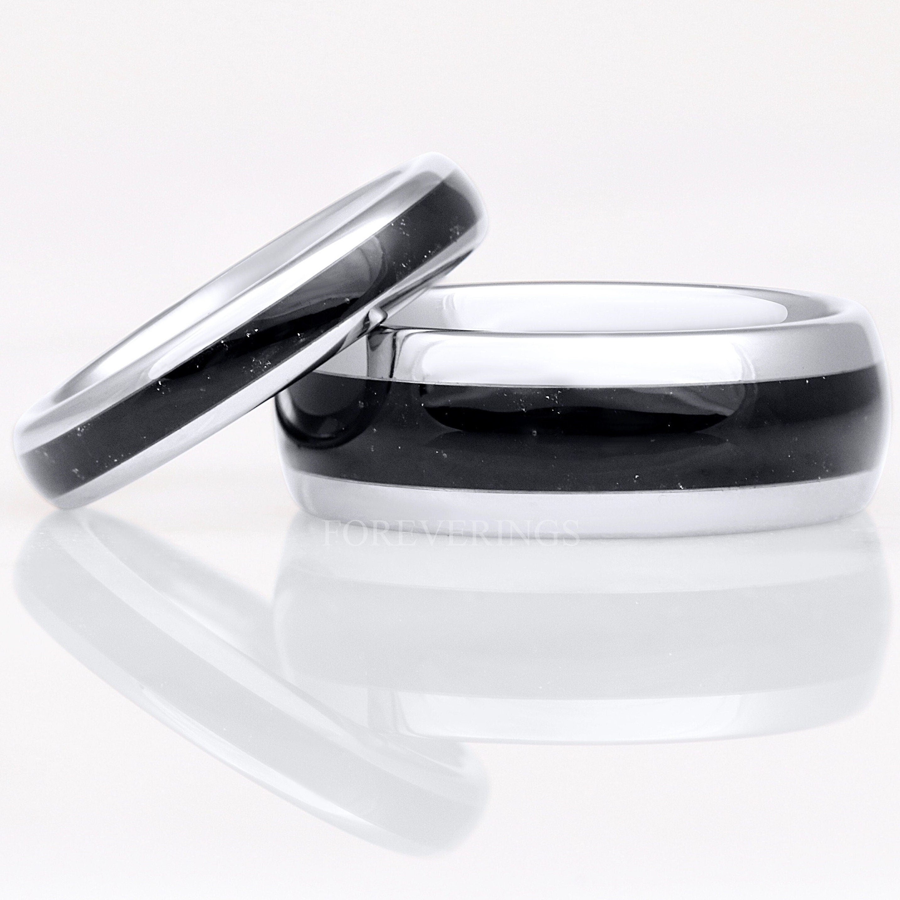 His and Hers Tungsten Wedding Band, Crushed Black Onyx Ring, 8mm & 4mm Silver Ring Set, Couples Ring, Polish, Dome, Comfort Fit