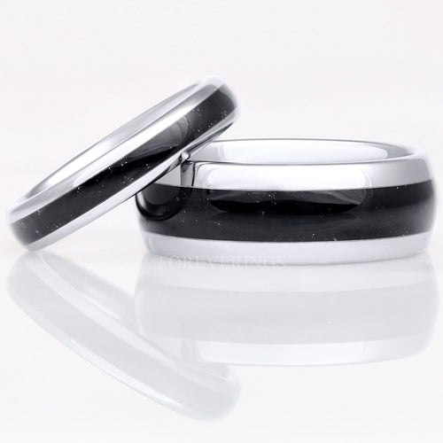 Matching silver tungsten couples ring set with black onyx inlay, 8mm and 4mm