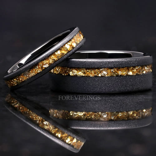 Matching black tungsten couples ring set with crushed citrine inlay, 8mm and 4mm