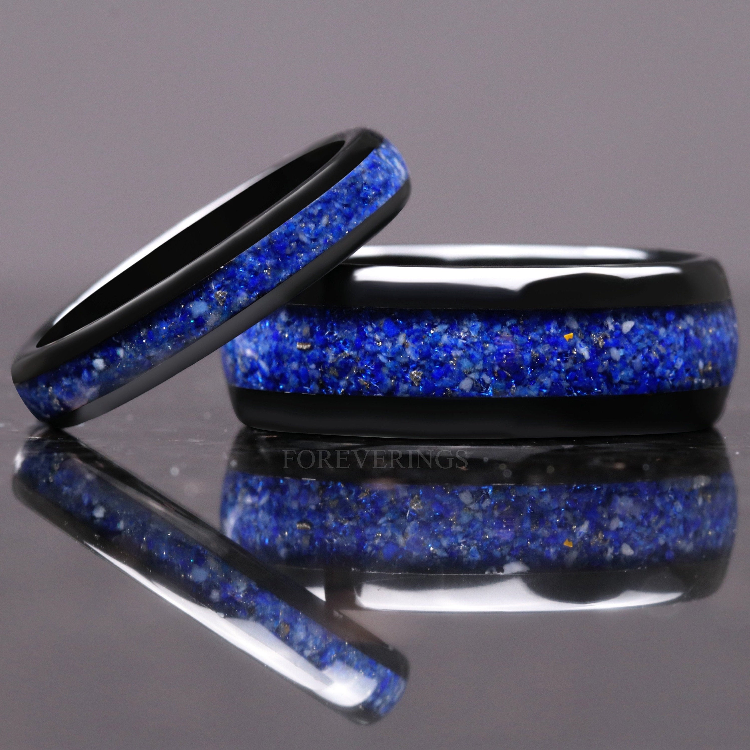 Celestial Blue Lapis Lazuli Ring Set, His and Hers Tungsten Wedding Band, 8mm & 4mm Black Ring Set, Couples Ring, Polish, Dome, Comfort Fit