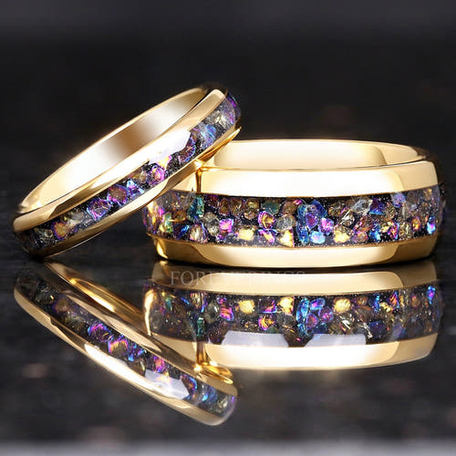 Matching gold tungsten couples ring set with Veil nebula moonstone inlay, 8mm and 4mm