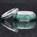 Matching silver tungsten couples ring set with green moss agate inlay, 8mm and 4mm