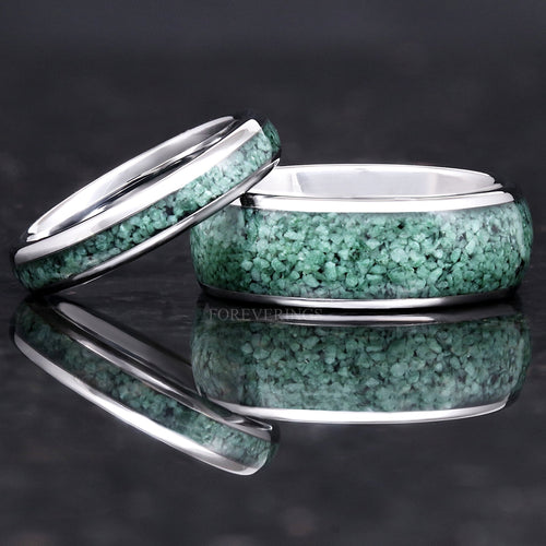 Matching silver tungsten couples ring set with green moss agate inlay, 8mm and 4mm