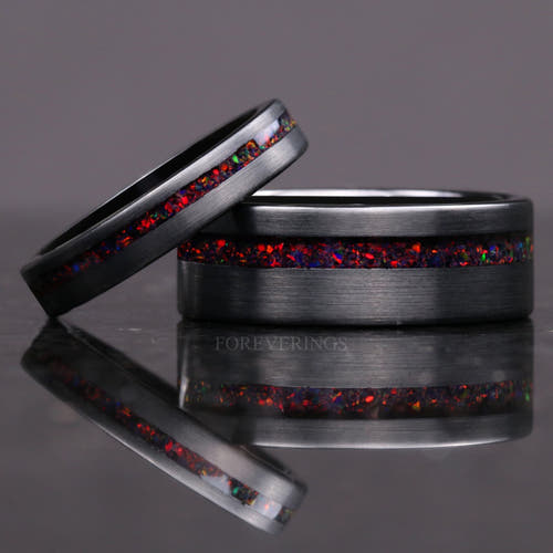 Matching black tungsten couples ring set with black fire opal inlay, 8mm and 4mm