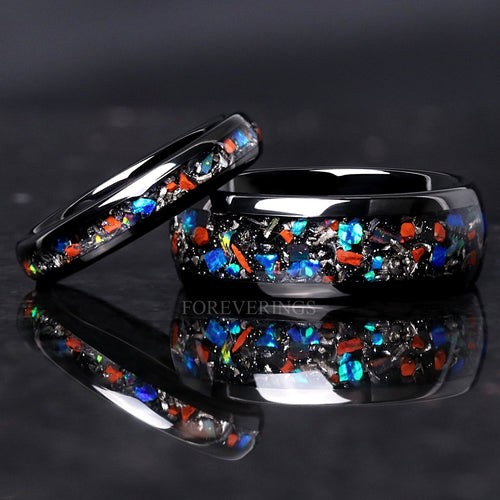Dinosaur Bone and Meteorite Ring Set, His and Hers Tungsten Wedding Band, 8mm & 4mm Black Ring Set, Polished Couples Ring, Dome, Comfort Fit