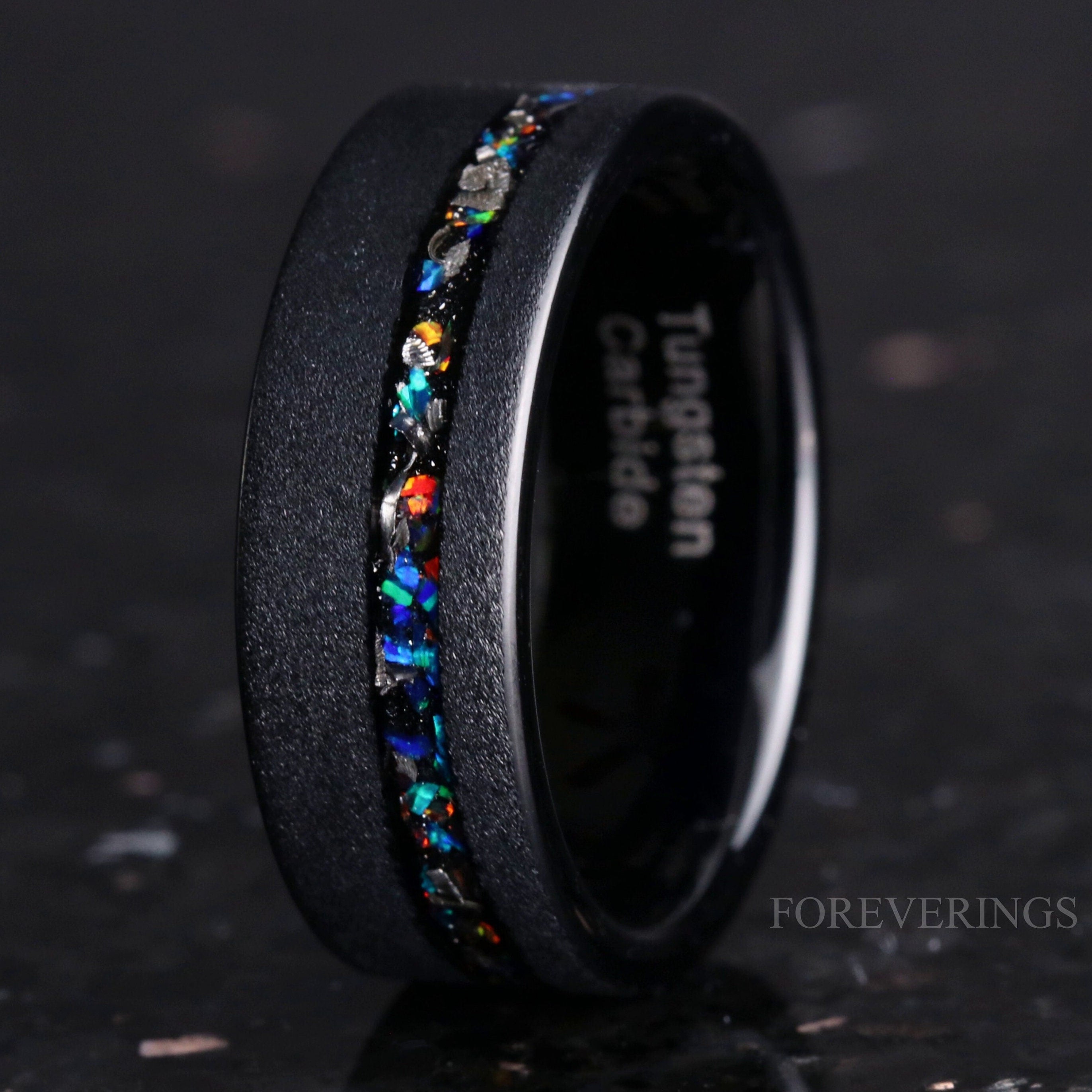 Meteorite and Galaxy Opal Wedding Band, 8mm Black Tungsten Ring, Smooth, Flat, Sandblasted, Comfort Fit, Gift for Him, Unique Ring