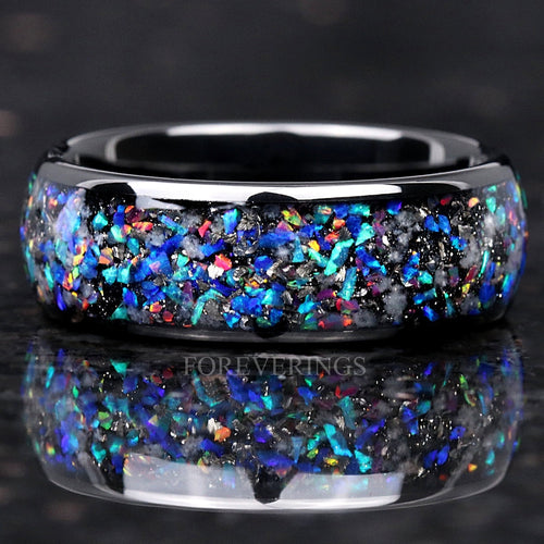 Glow in the Dark Meteorite & Opal | Black Tungsten Wedding Band | 8mm