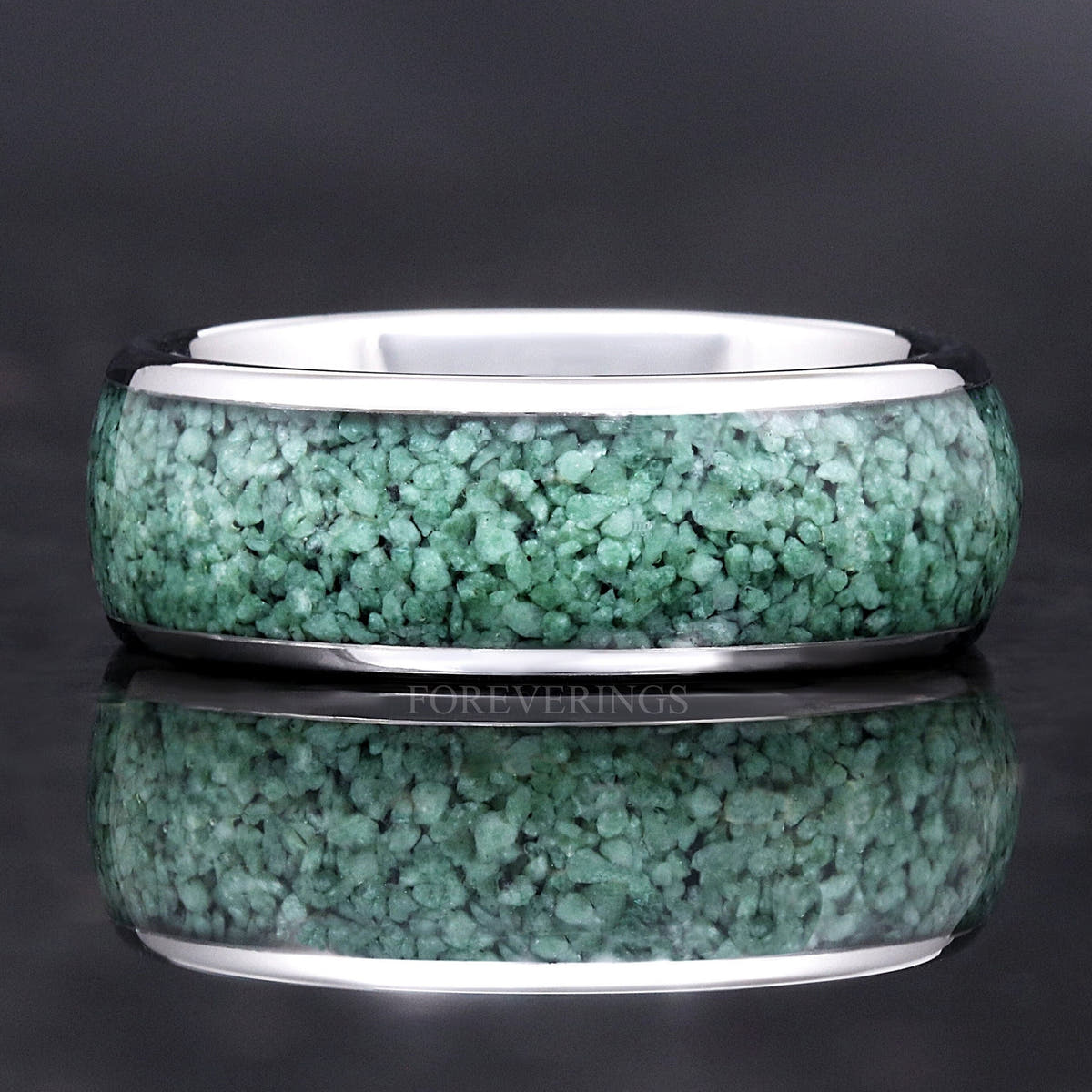 Silver tungsten ring with natural green moss agate inlay, shown straight on with a reflection below