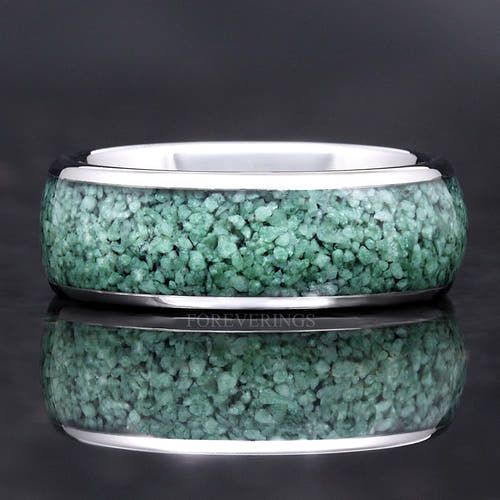 Silver tungsten ring with natural green moss agate inlay, shown straight on with a reflection below