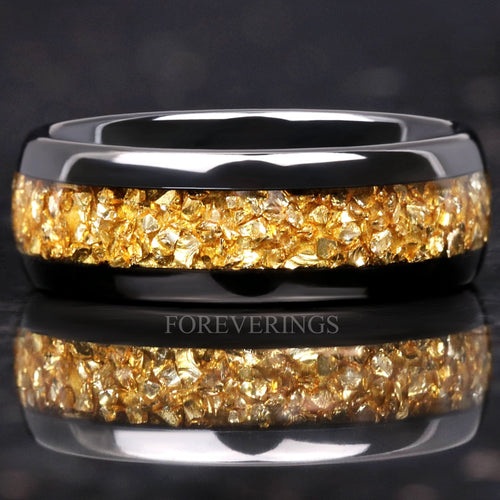 Men's 8mm black tungsten wedding band with crushed citrine inlay, shown straight on