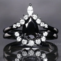 Black Onyx Modern Women Engagement Ring Set, 925 Sterling Silver Ring, Womens Wedding Ring Set, Unique Engagement Ring Set