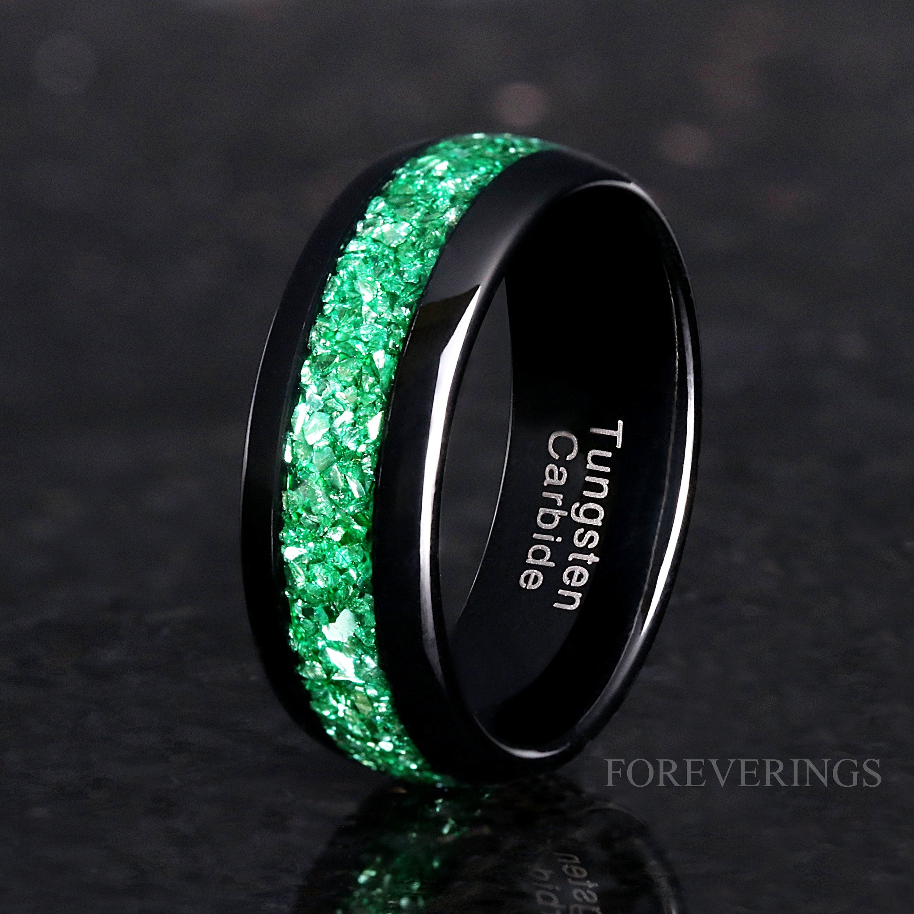 Emerald His and Hers Ring Set, Black Tungsten Wedding Band, 8mm & 4mm Matching Bands, Emerald Glass Stones, Couples Ring, Ring Engraving