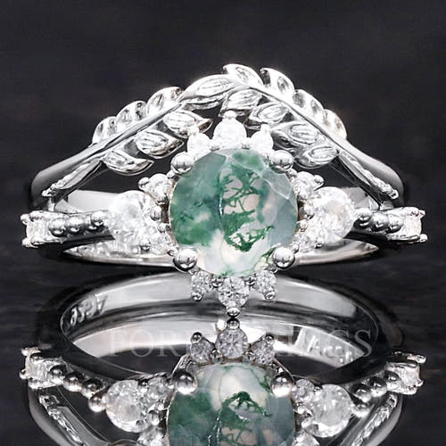 Round moss agate bridal set in sterling silver with a leaf band, front view close crop