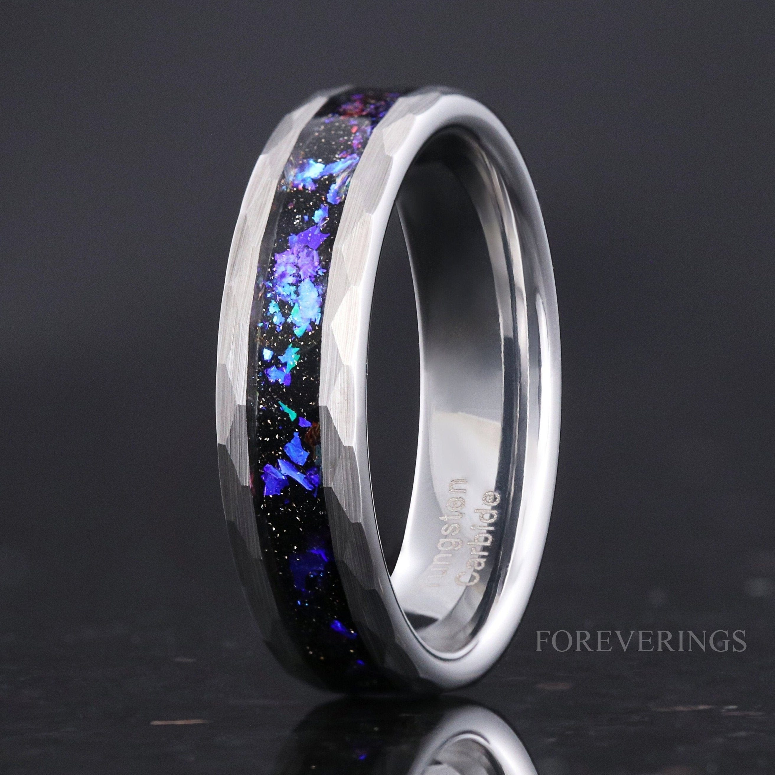 Orion Nebula Ring Hammered Wedding Band, 8mm-6mm Silver Tungsten Ring, Man Wedding Band, Outer Space Ring, Brushed Flat Ring, Engraving