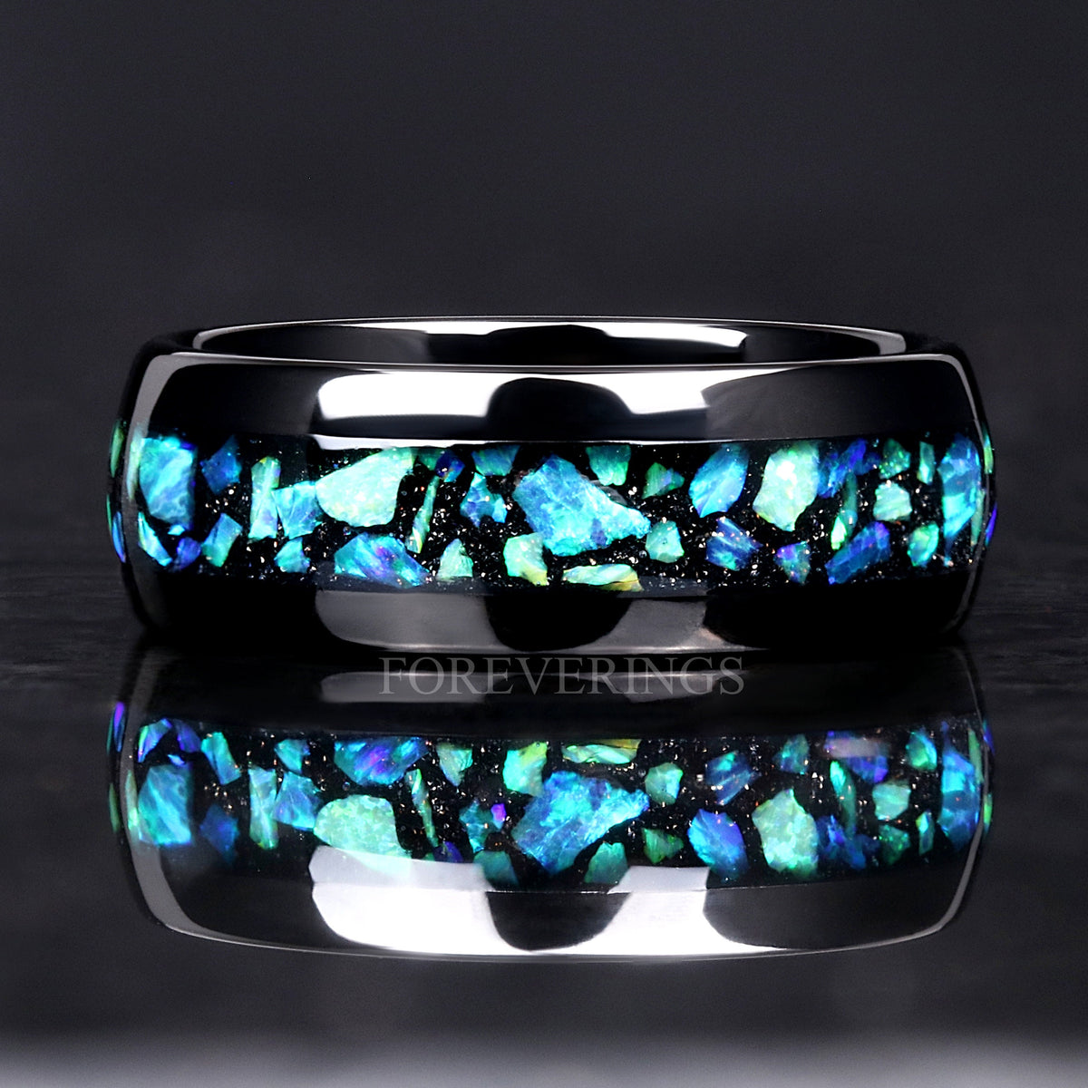 Blue Green Opal Mens Wedding Band | 8mm Nebula Black Tungsten