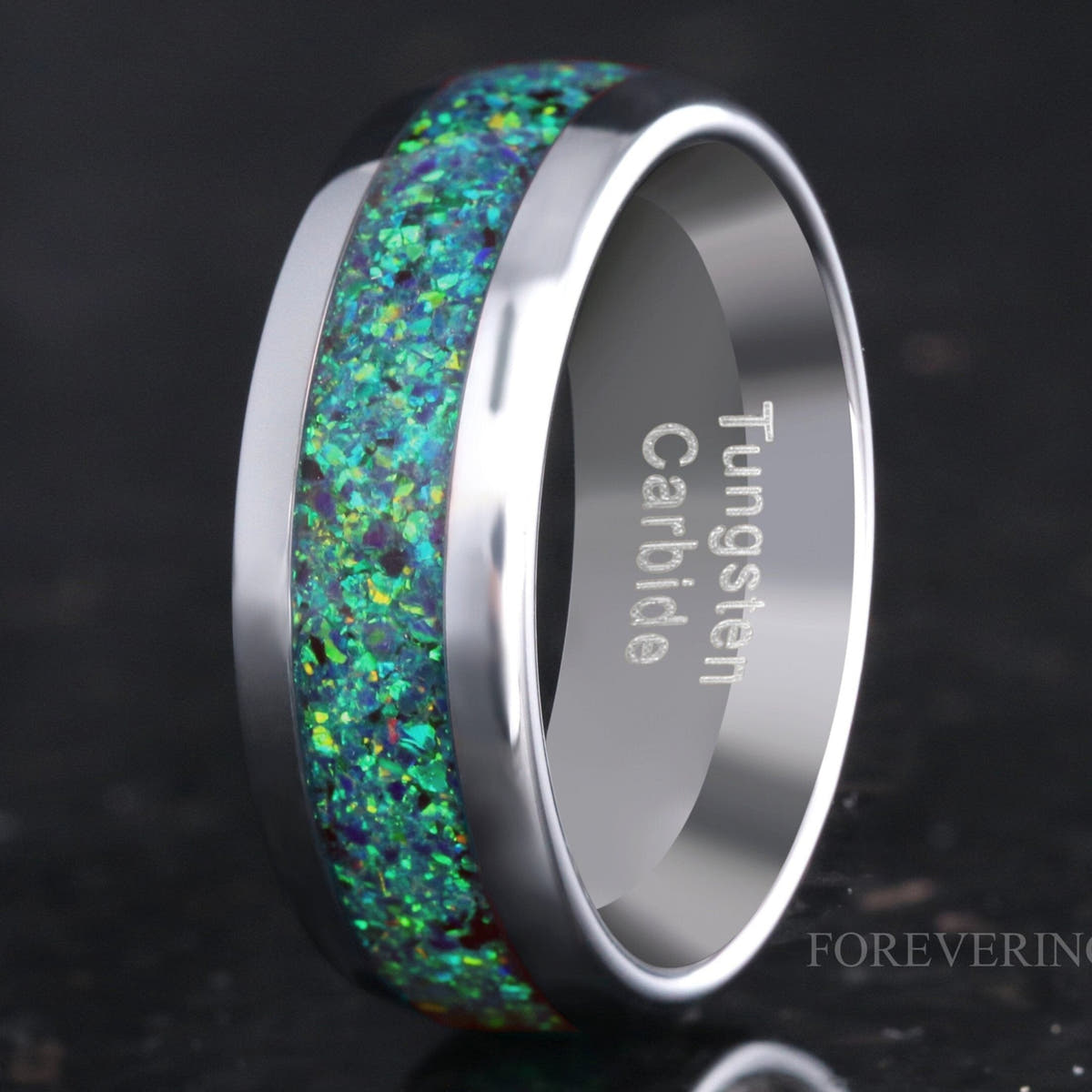 Men's 8mm silver tungsten band with emerald opal inlay, domed and polished