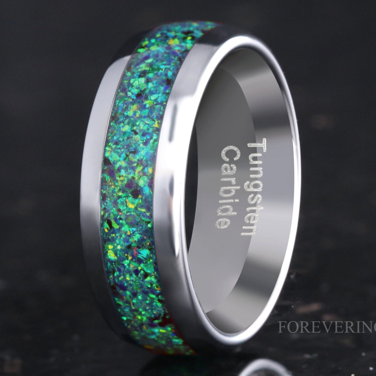 Black & Emerald Opal Mens Wedding Band | 8mm Domed Tungsten Ring