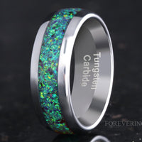 Black & Emerald Opal Mens Wedding Band | 8mm Domed Tungsten Ring