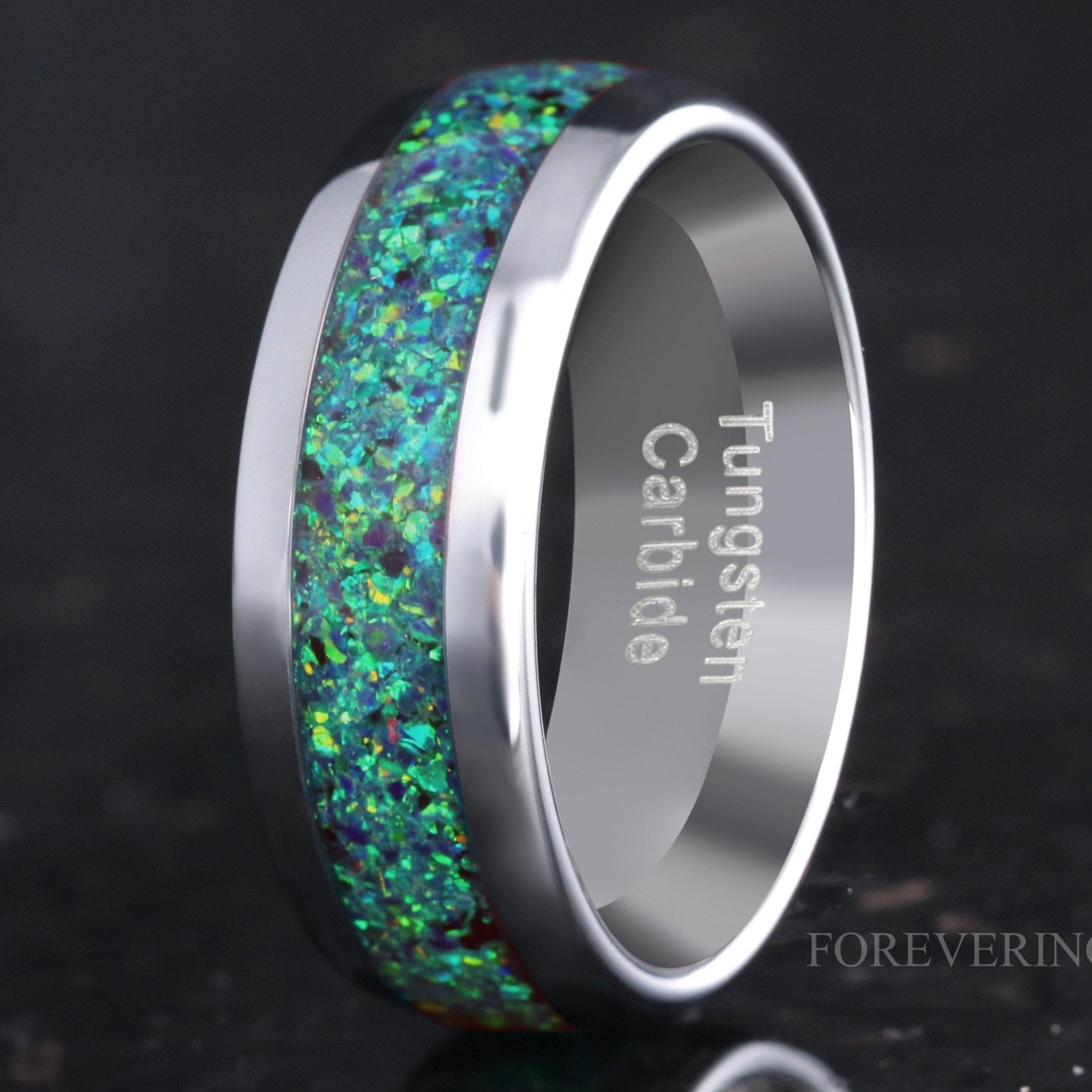 Emerald Coast Ring, 8mm Tungsten Wedding Band, Black Emerald Opal Ring, Silver Tungsten Ring, Polish, Dome, Comfort Fit, Gift for Him