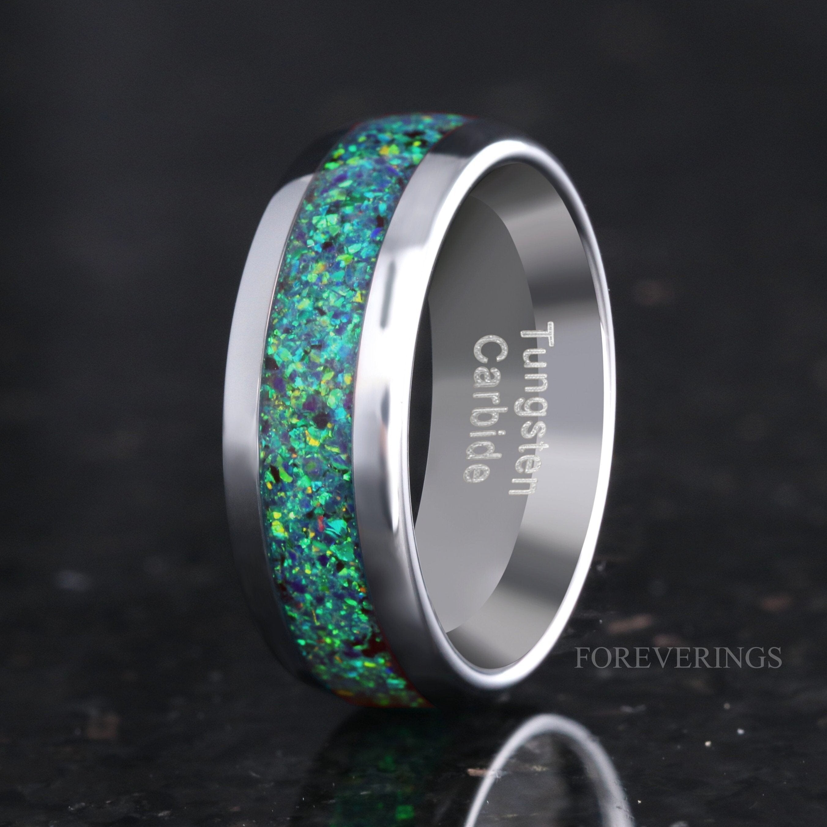 Emerald Coast Ring, 8mm Tungsten Wedding Band, Black Emerald Opal Ring, Silver Tungsten Ring, Polish, Dome, Comfort Fit, Gift for Him