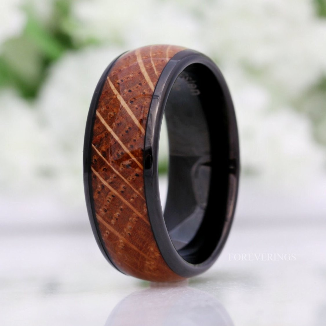 Whiskey Barrel, Mens Tungsten Wedding Band, 8mm Black Tungsten Ring, Wood and Metal Ring, Comfort Fit, Unique Ring, Polished, Dome