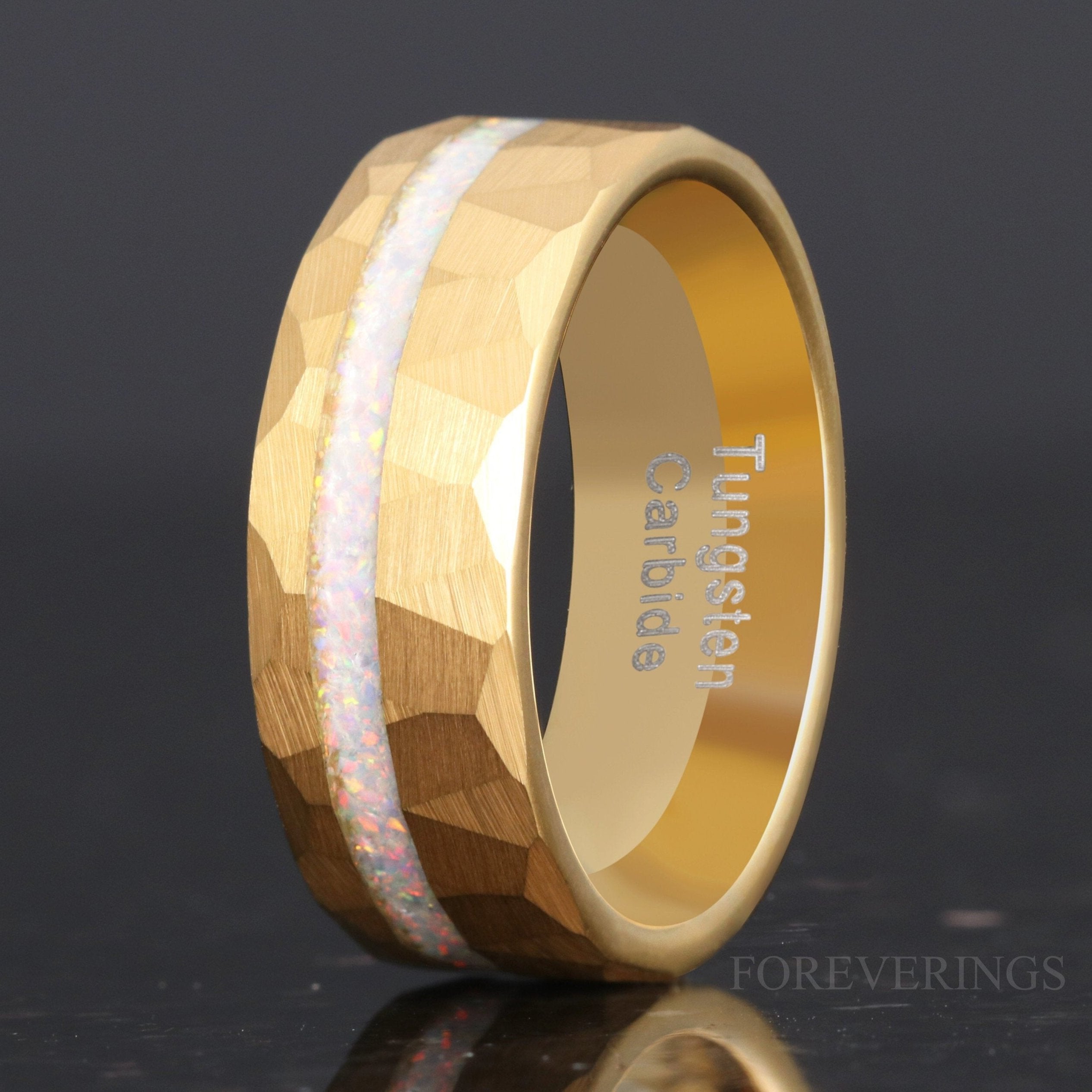 Mens Opal Wedding Band, Gold Tungsten Ring, White Fire Opal, Yellow Gold, Hammered, Flat, Brush, Comfort Fit, Man Engagement Ring, Engraving