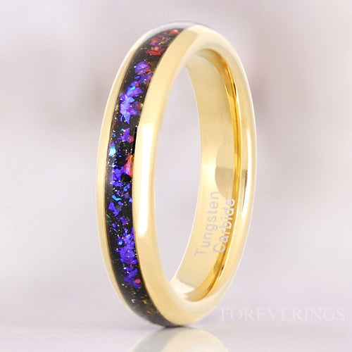 4mm gold tungsten ring with Orion Nebula sandstone inlay, polished dome, standing upright