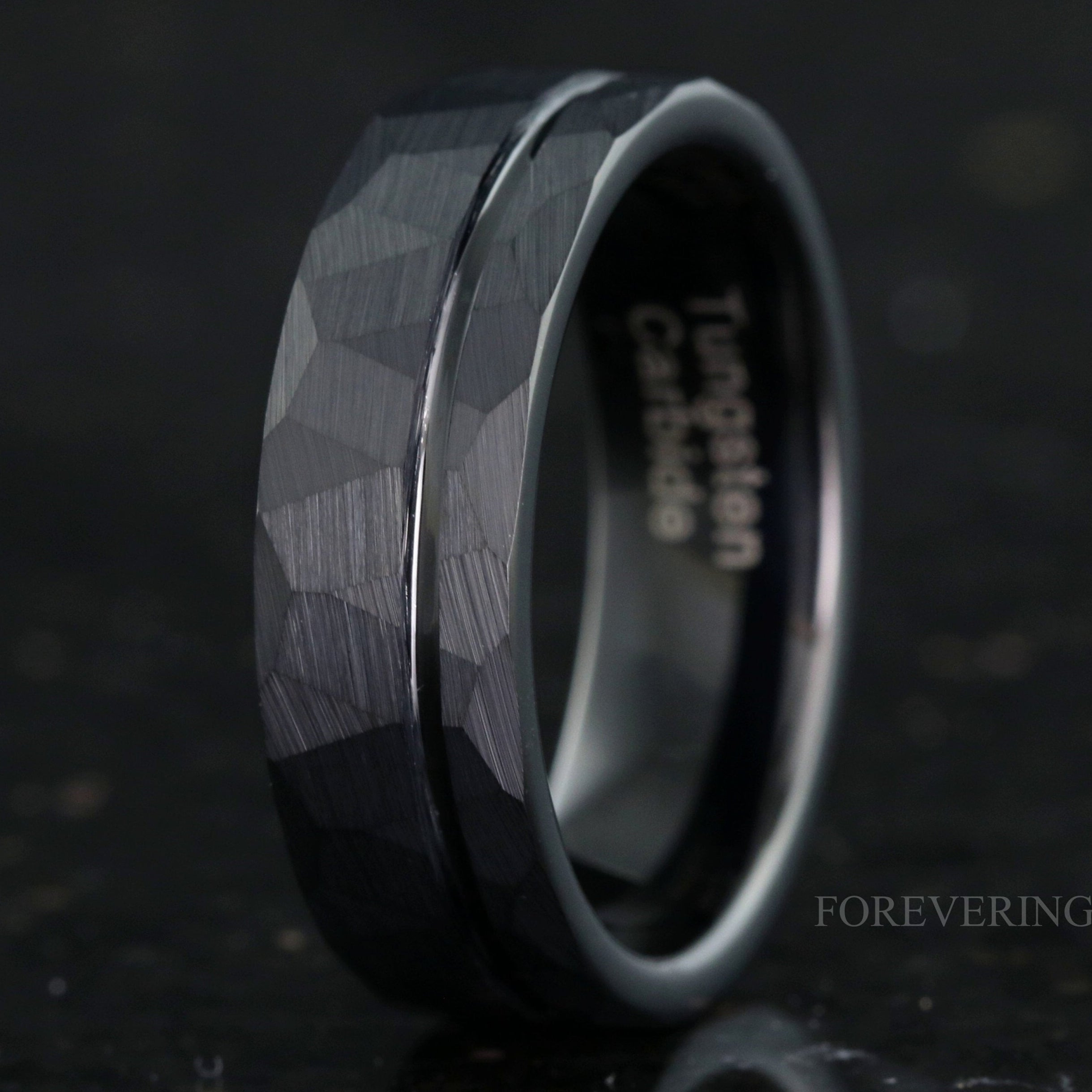 Hammered Offset Groove Matte Black Man Ring, 7mm Mens Wedding Band, Flat Black Hammered Tungsten Ring, Simple Modern Custom Engraved Ring