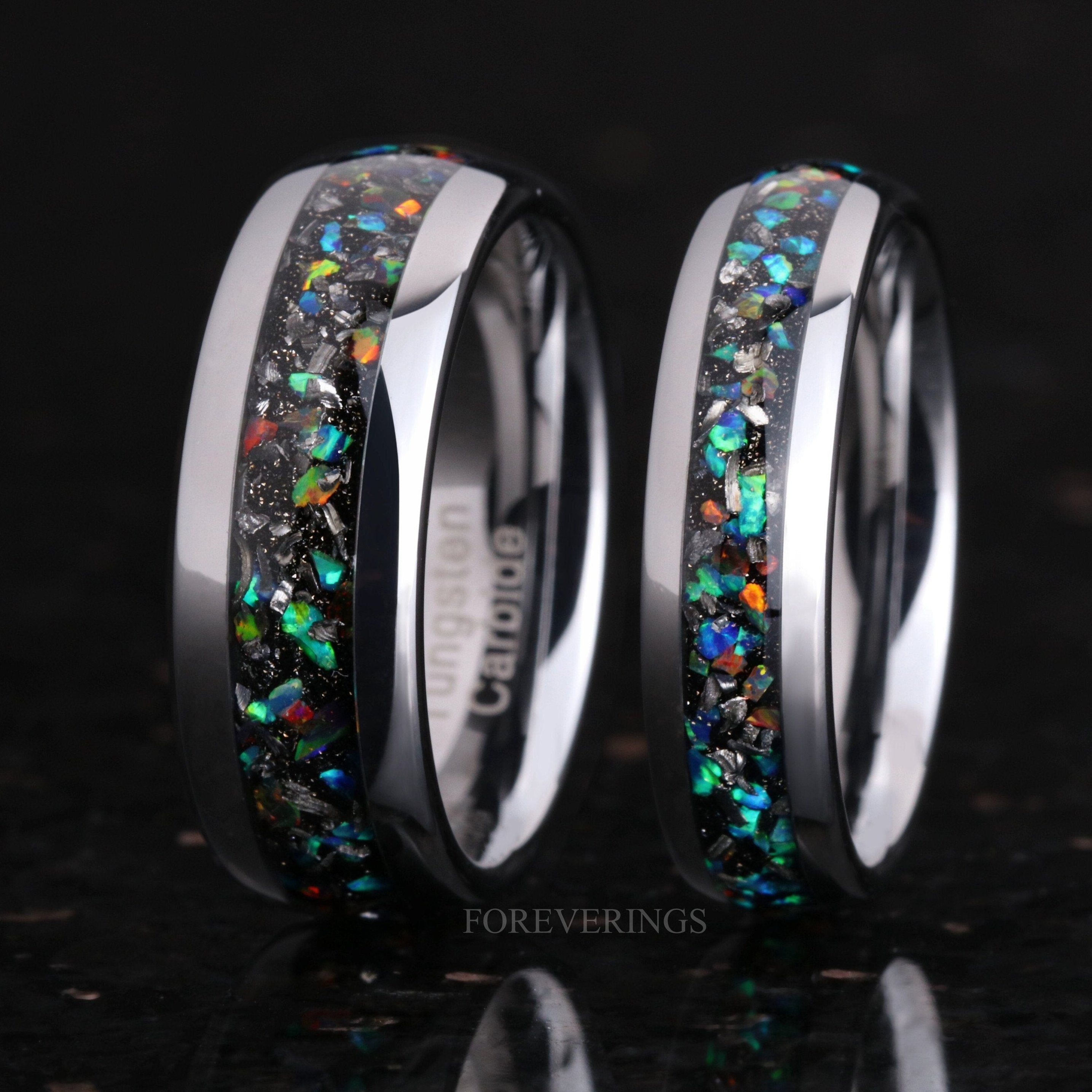 Mens Meteorite Galaxy Opal Ring, Silver Tungsten Ring, 8mm 6mm Mens Wedding Band, Unique Meteorite Ring, Ring Engraving