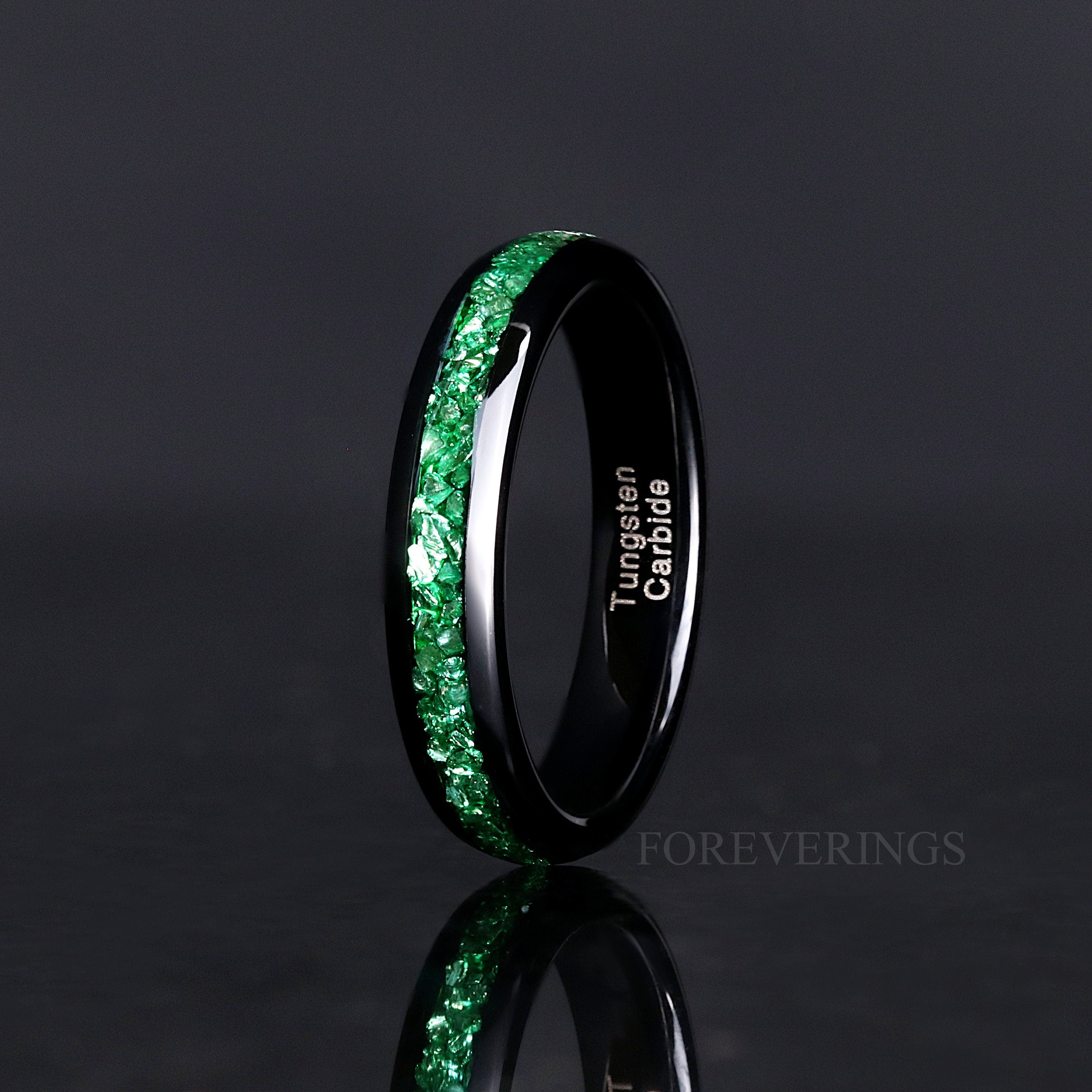 Emerald His and Hers Ring Set, Black Tungsten Wedding Band, 8mm & 4mm Matching Bands, Emerald Glass Stones, Couples Ring, Ring Engraving