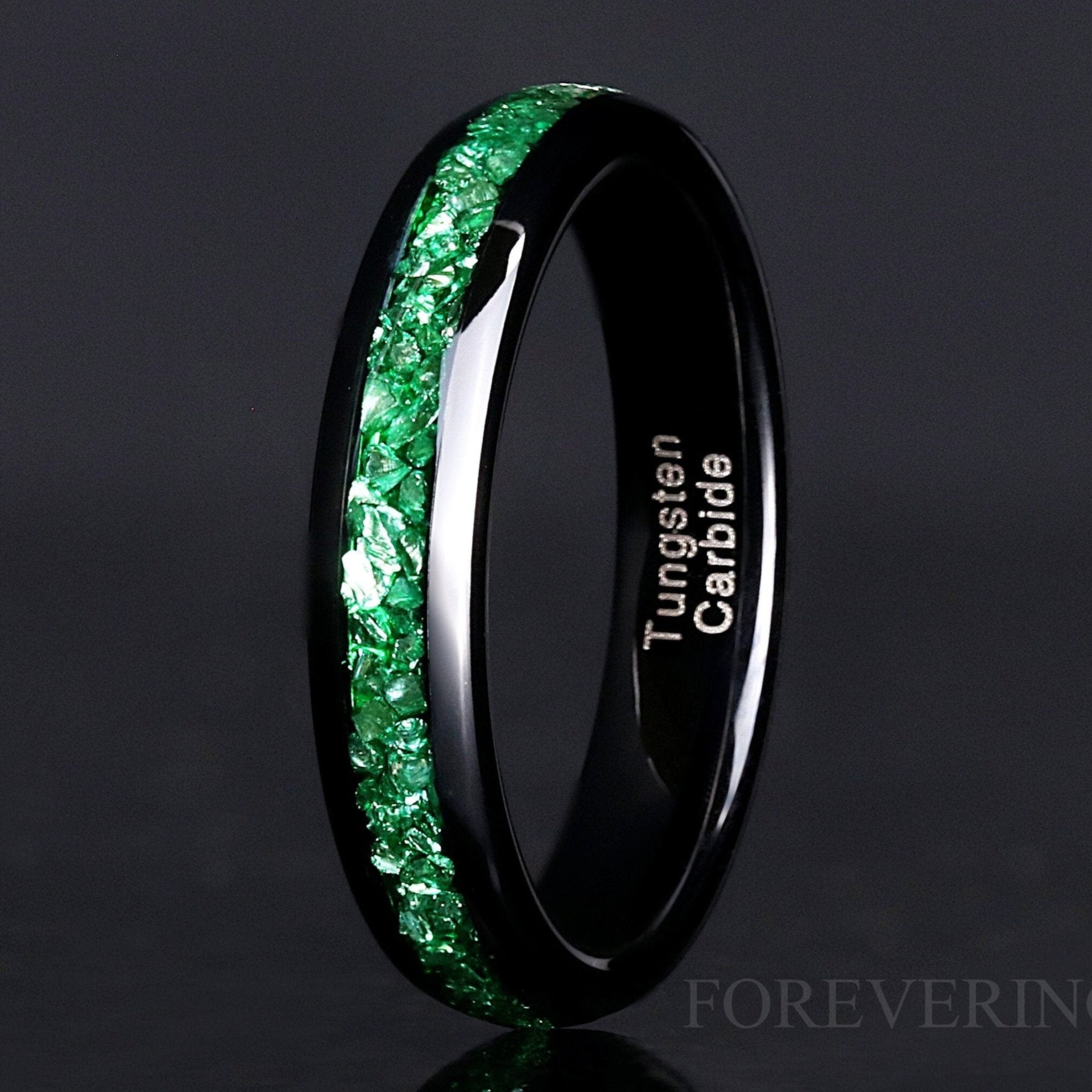 Emerald Wedding Band 4mm Black Tungsten Ring, Green Gemstone Ring, Dome, Polish, Unique Modern Promise Ring, Man Woman Wedding Band, Engrave