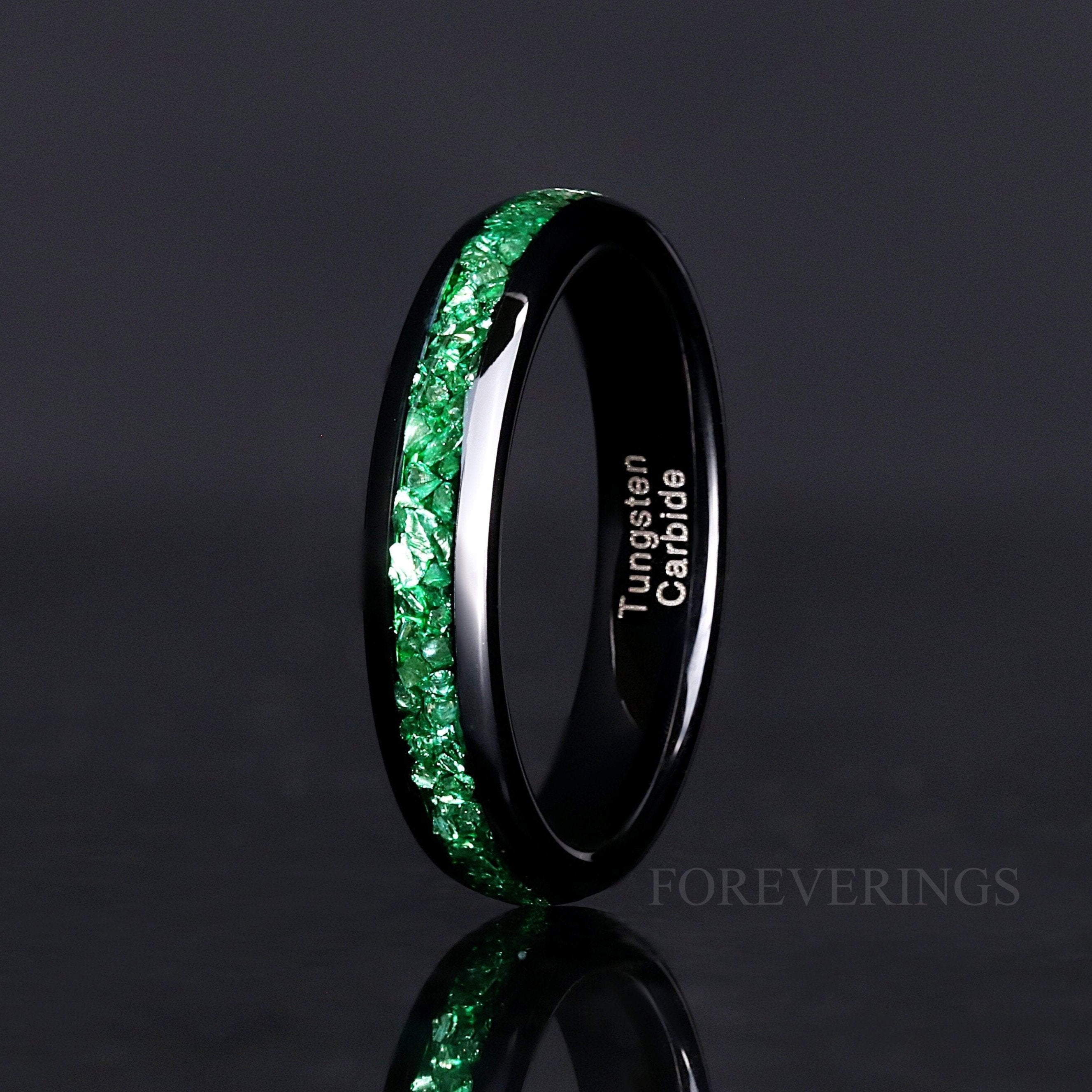 Emerald Wedding Band 4mm Black Tungsten Ring, Green Gemstone Ring, Dome, Polish, Unique Modern Promise Ring, Man Woman Wedding Band, Engrave