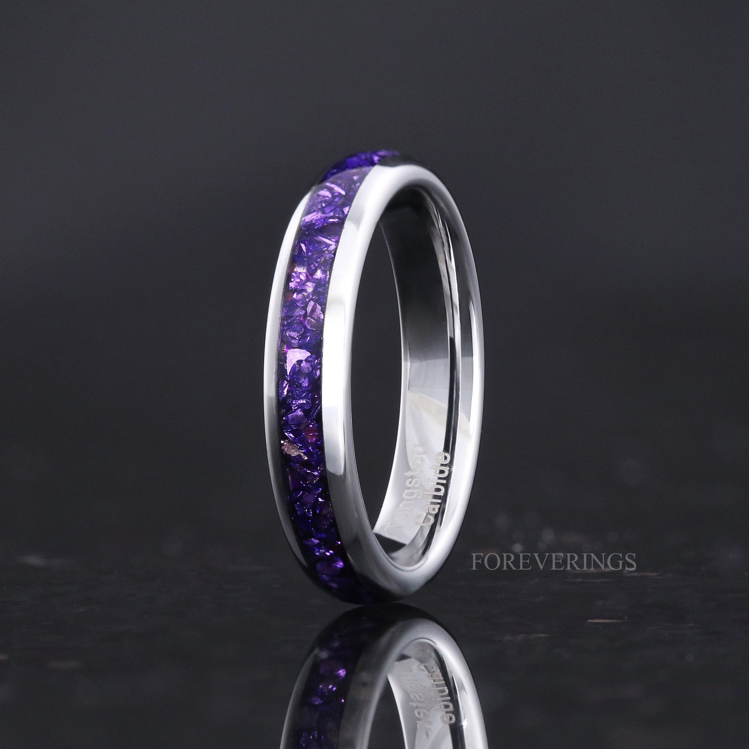 Silver Alexandrite Ring Set, His and Her Tungsten Wedding Band, 8mm & 4mm Ring Set, Purple Ring, Matching Couples Ring Set, Promise Ring Set